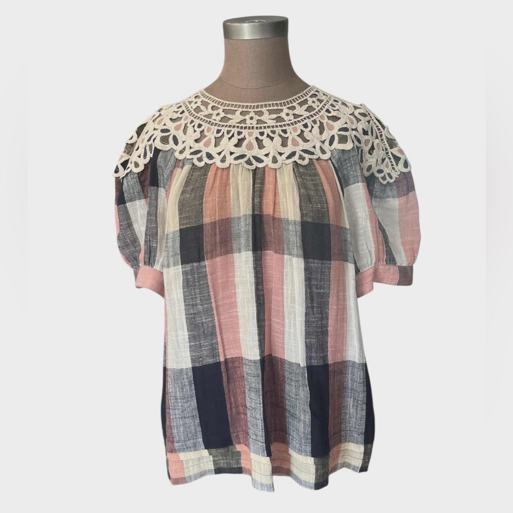 Anthropologie Boho Crochet Lace Plaid Peasant Top Blouse XL